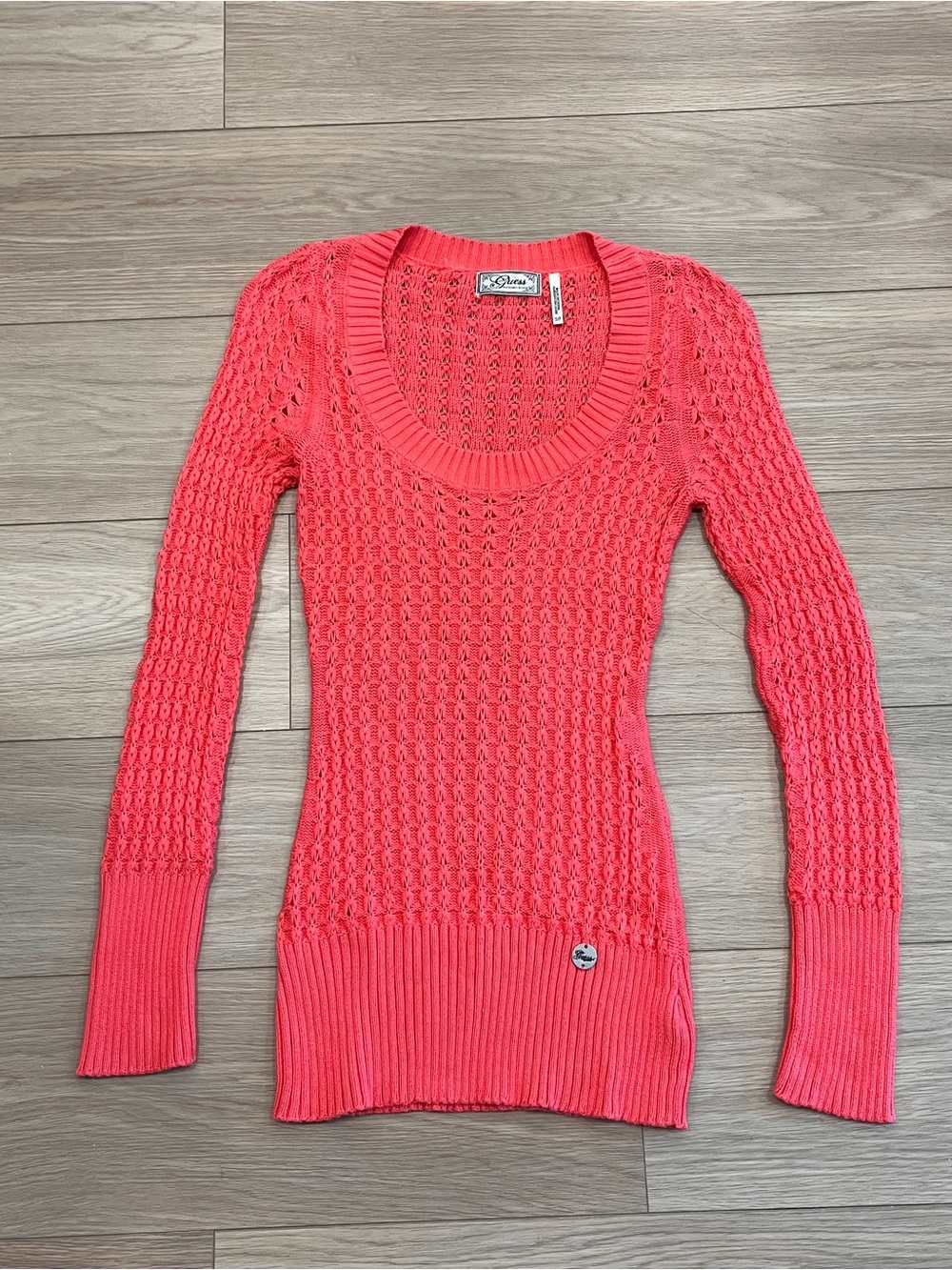 Guess Y2K Coral Pink Open Knit Crochet Scoop Neck Sweater Size S